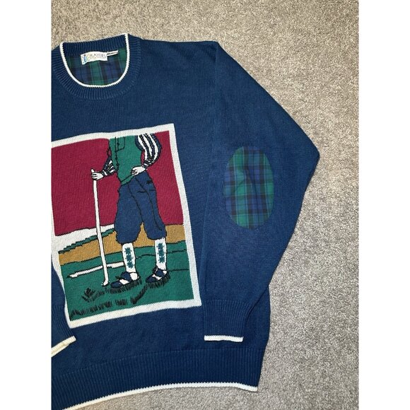 VTG 1990s Grandpacore Golf Sweater All Over Print  XL Ugly Sweater Elbow Patches - Picture 9 of 10